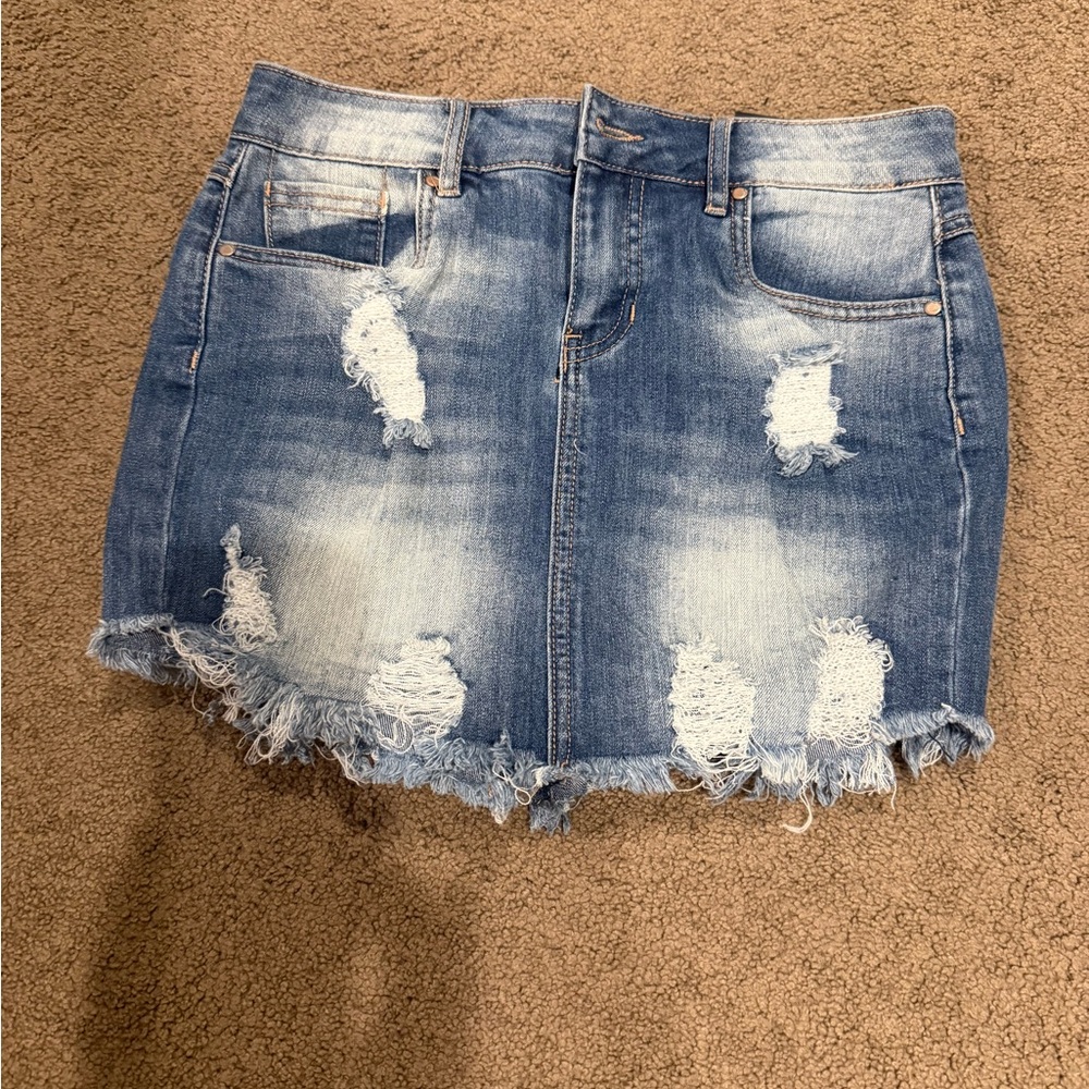 Distressed denim skirt
